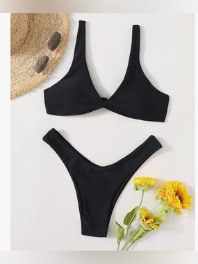 Women Twist Front Bikini Set High Cut Thong Tied Back Two Piece Swimsuit-SIZE M